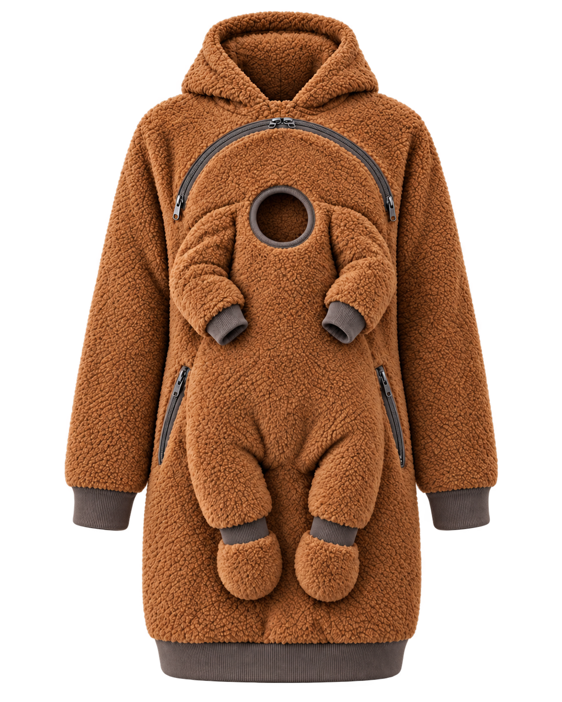 Caramel REVINZA sherpa hoodie, isolated front view; AI-enhanced product imagery