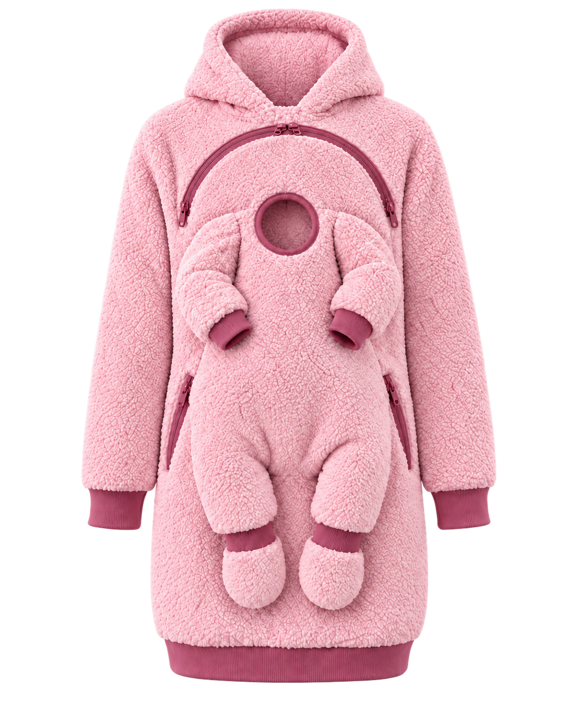 Rose REVINZA sherpa hoodie, isolated front view; AI-enhanced product imagery