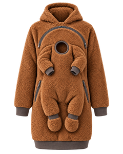 Caramel REVINZA sherpa hoodie, isolated front view; AI-enhanced product imagery