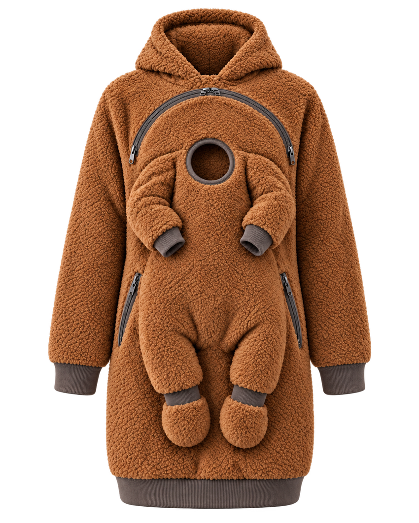 Caramel REVINZA sherpa hoodie, isolated front view; AI-enhanced product imagery
