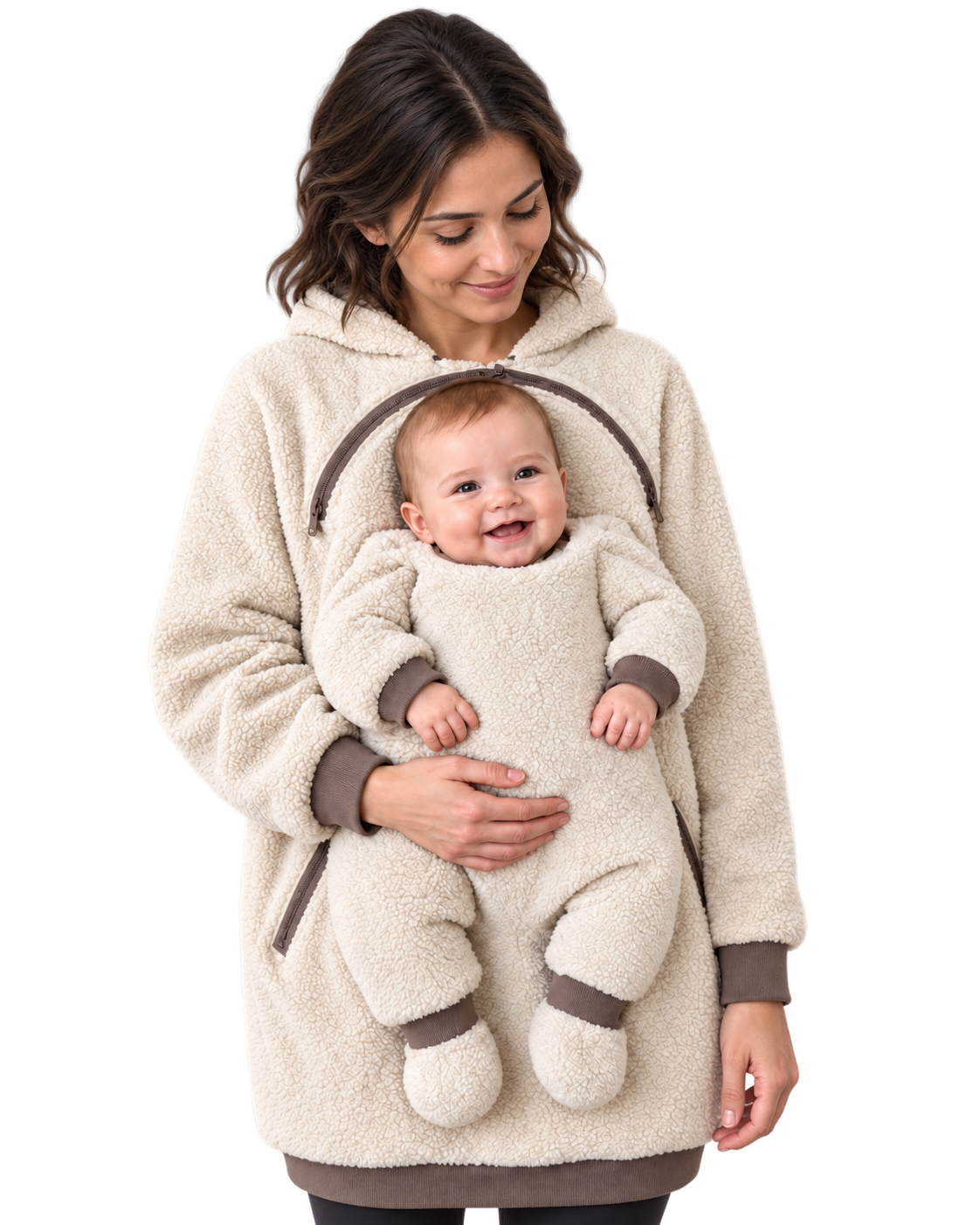 Cream REVINZA hoodie with a digitally created adult model and the original baby likeness; AI-enhanced product imagery