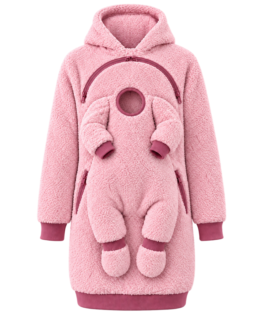 Rose REVINZA sherpa hoodie, isolated front view; AI-enhanced product imagery